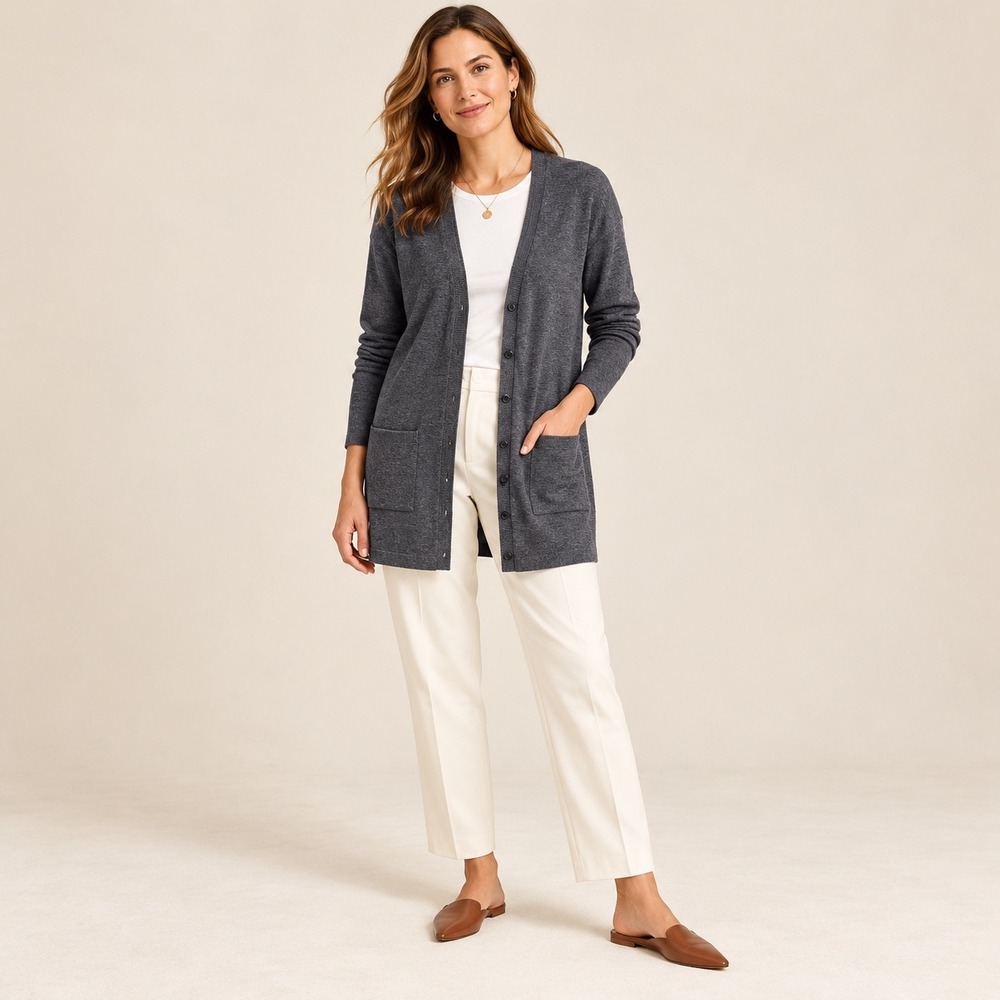 Talbots Merino Wool Cardigan Sweater Gray Longline Minimalist Old Money M
